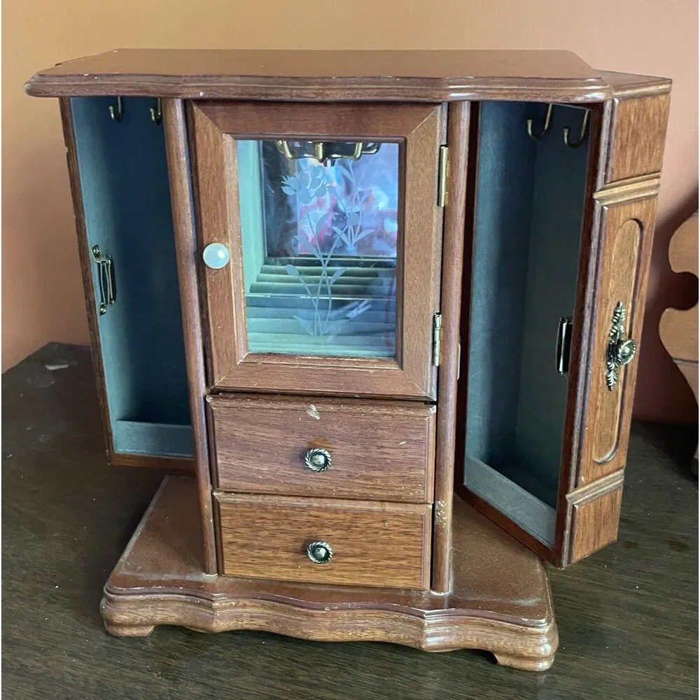 Vintage Wooden Jewelry Armoire Floral Glass Mirror Necklace Carousel Drawers